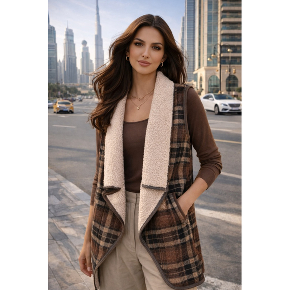 Jodi go Jackets & Blazers - Jodifl Plaid Sherpa Lined Longline Vest Cardigan Cozy Quiet Luxury Brown Camel